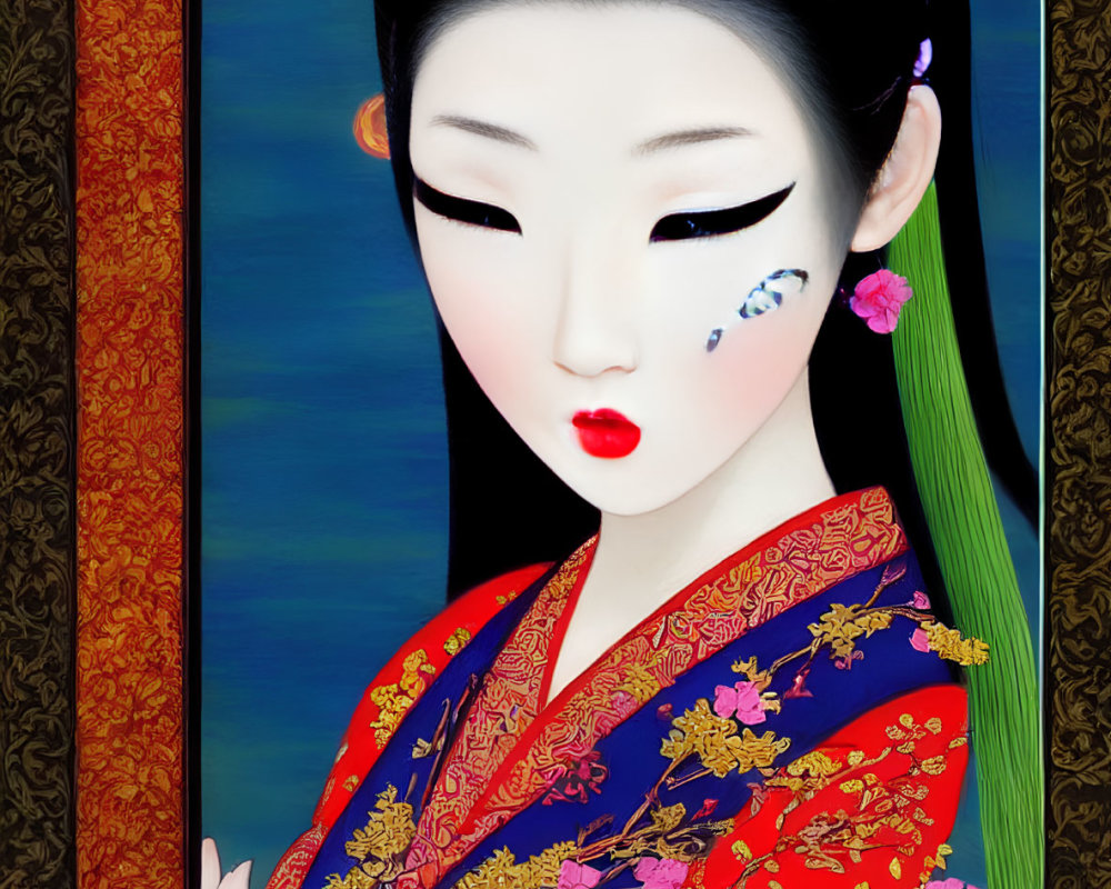 Colorful Geisha Artwork with Elaborate Kimonos and Hairstyle