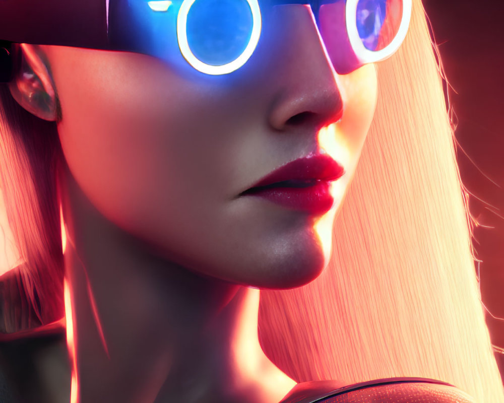 Blonde woman with blue circular glasses in futuristic setting