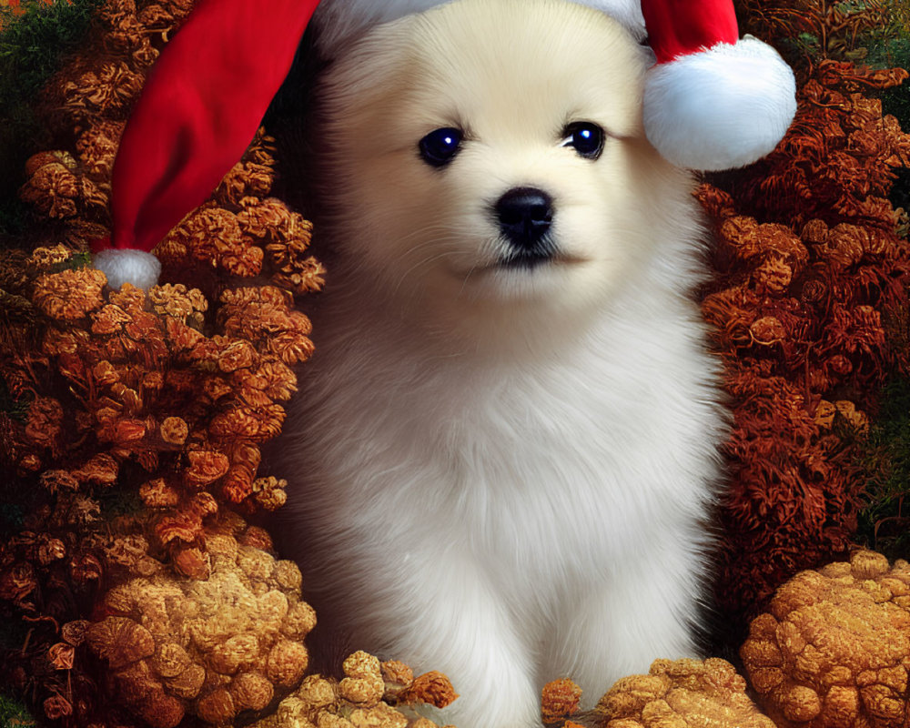 Cream-Colored Puppy in Santa Hat Among Autumn Foliage