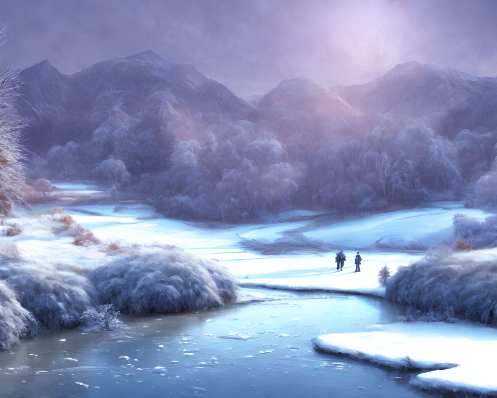 Snowy Winter Landscape: Two Figures Walking by Frozen River