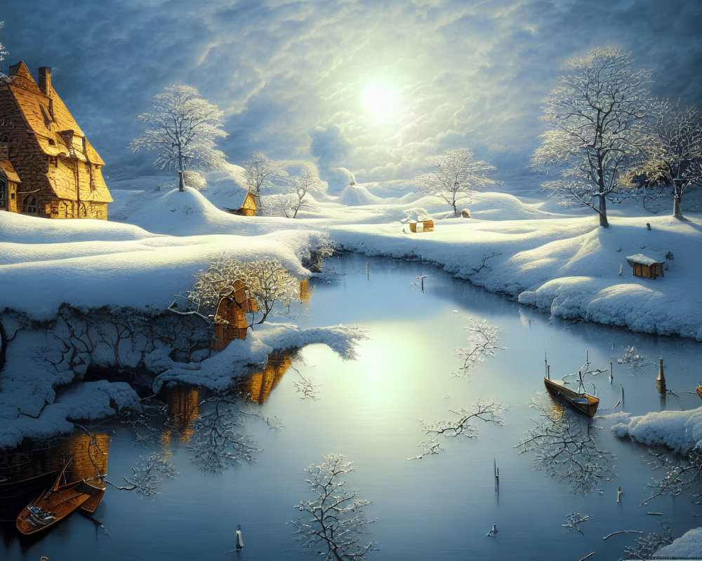 Snow-covered cottage by river in serene winter scene