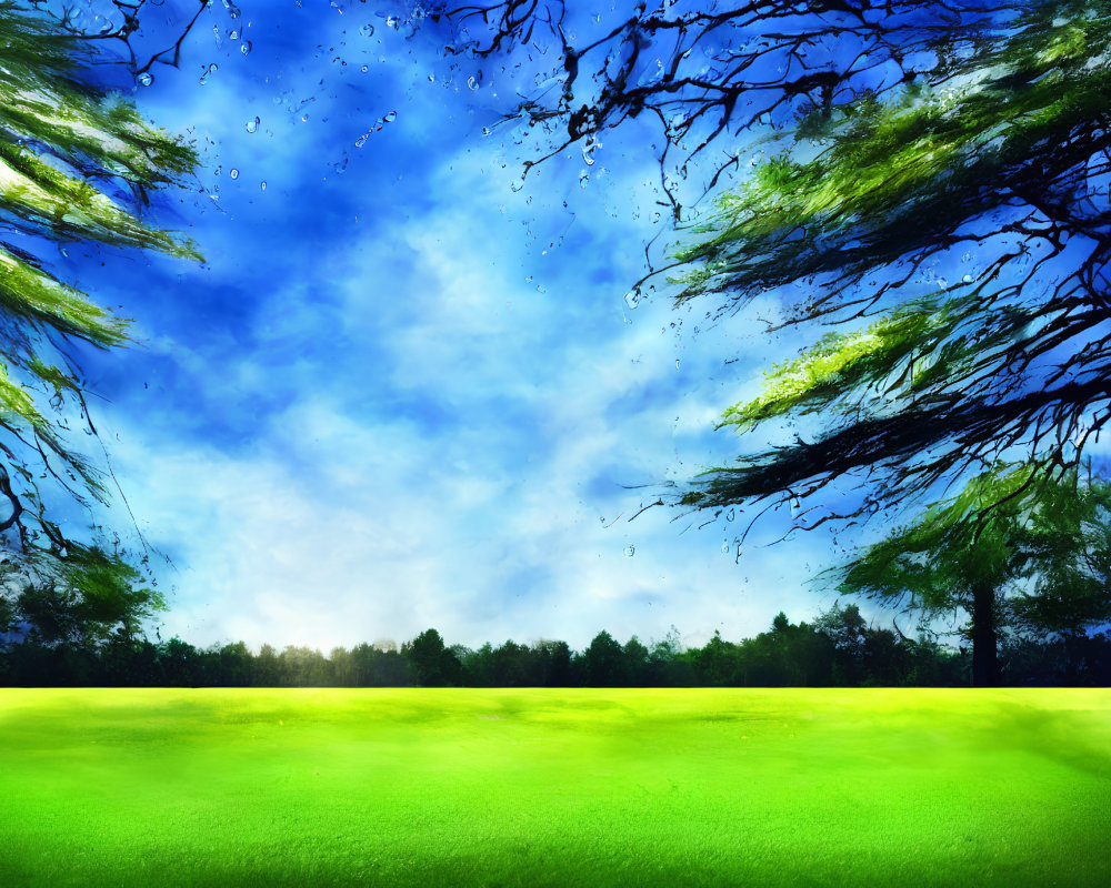 Lush green field under dynamic blue sky with swaying tree branches