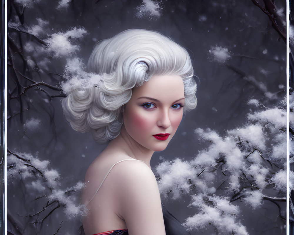 Stylized woman with white hair in red dress against snowy background