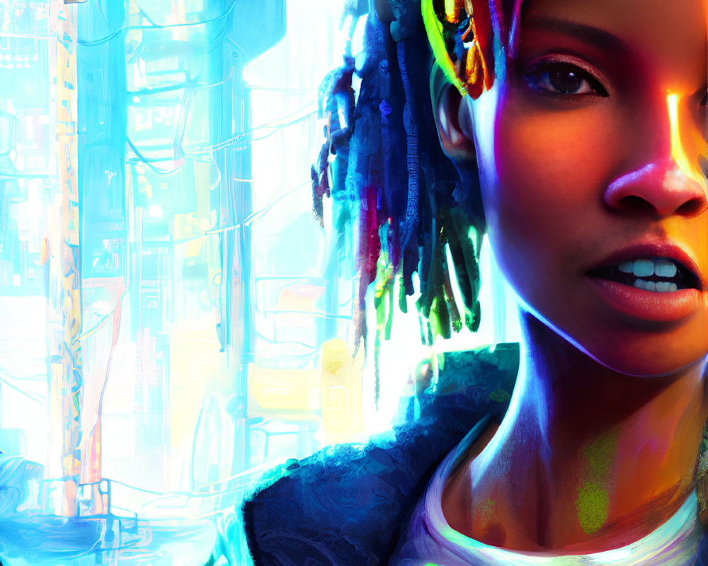 Colorful dreadlocked woman in front of neon-lit cityscape