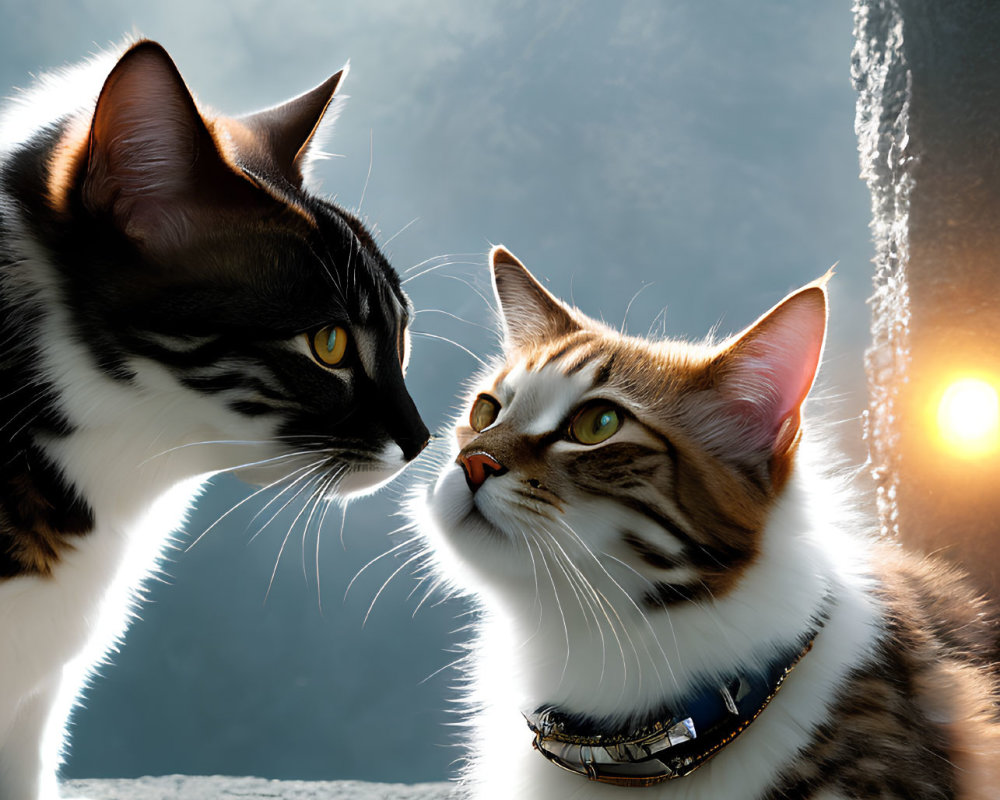 Two cats with striking patterns in dramatic lighting