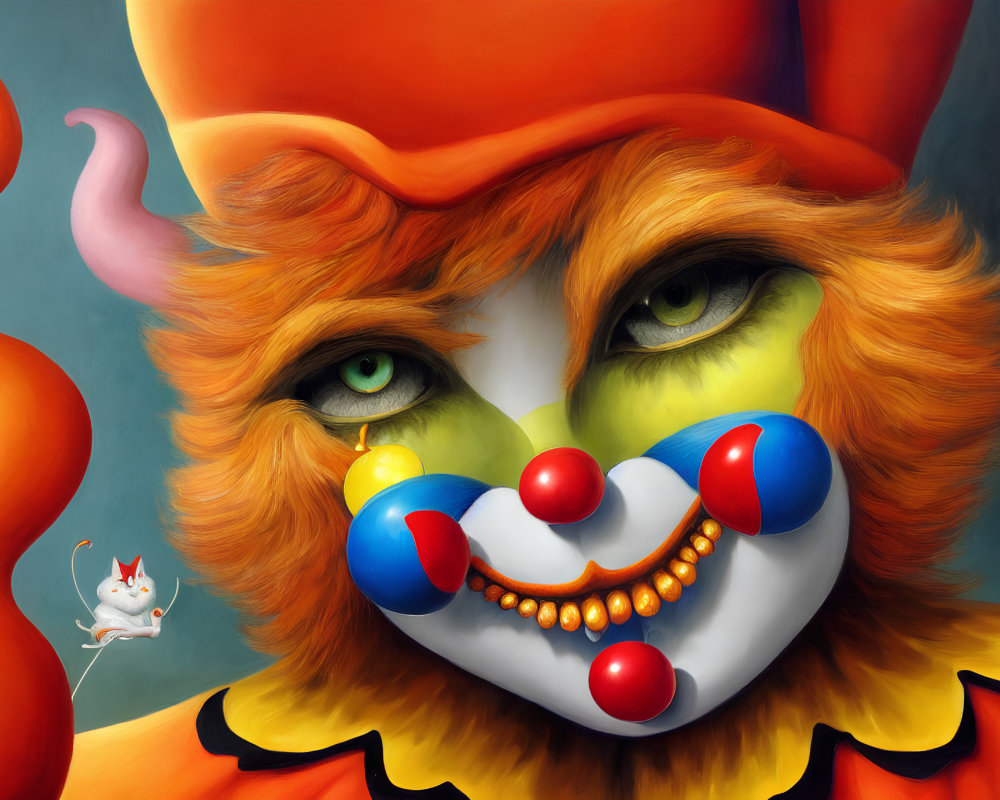 Whimsical orange and red clown with furry texture and playful mouse in dynamic fiery scene