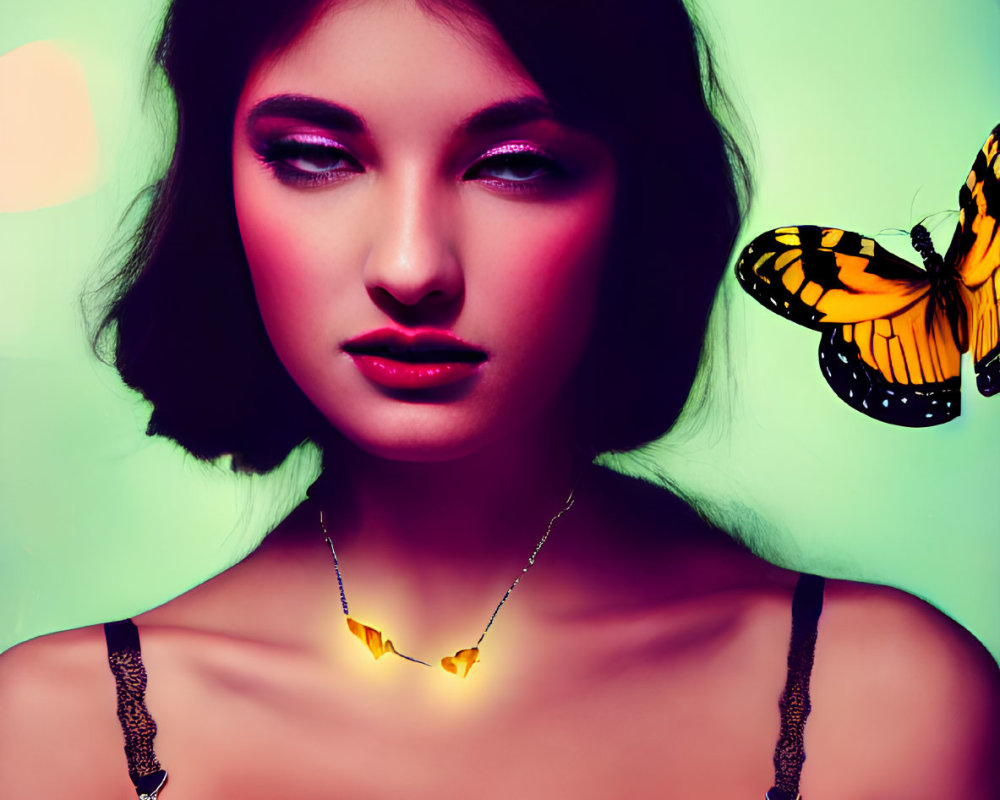 Dark-haired woman in cream bra and butterfly necklace, adorned with butterfly, on teal background with bokeh