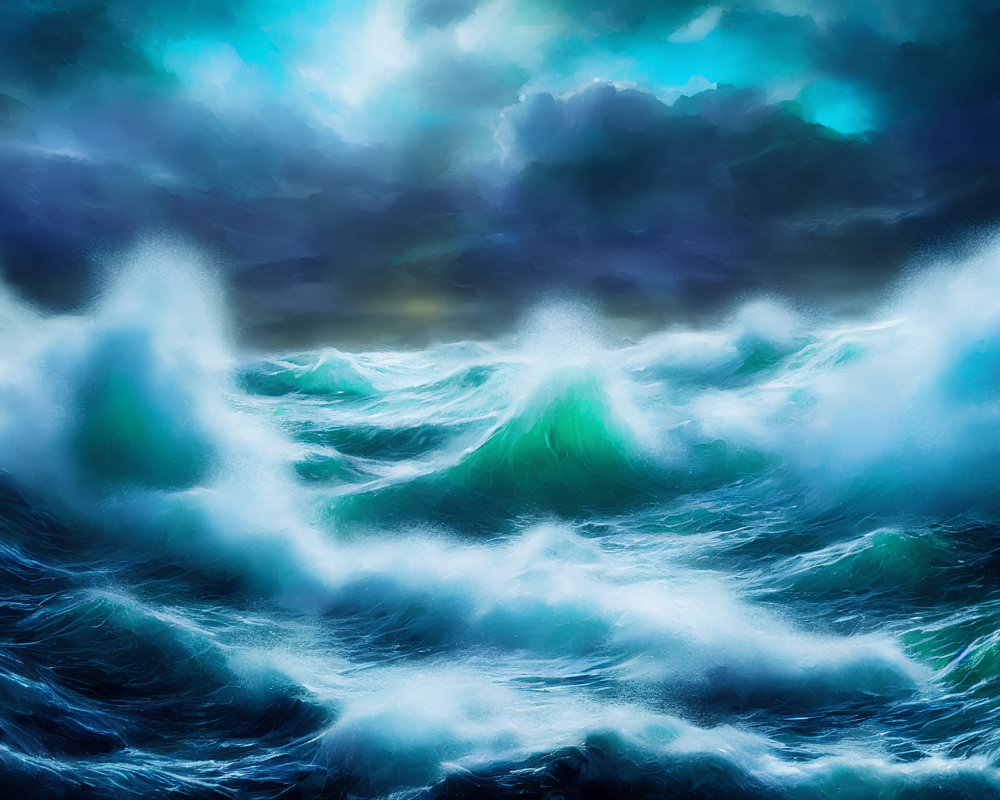 Stormy Sea with Towering Waves and Swirling Spray