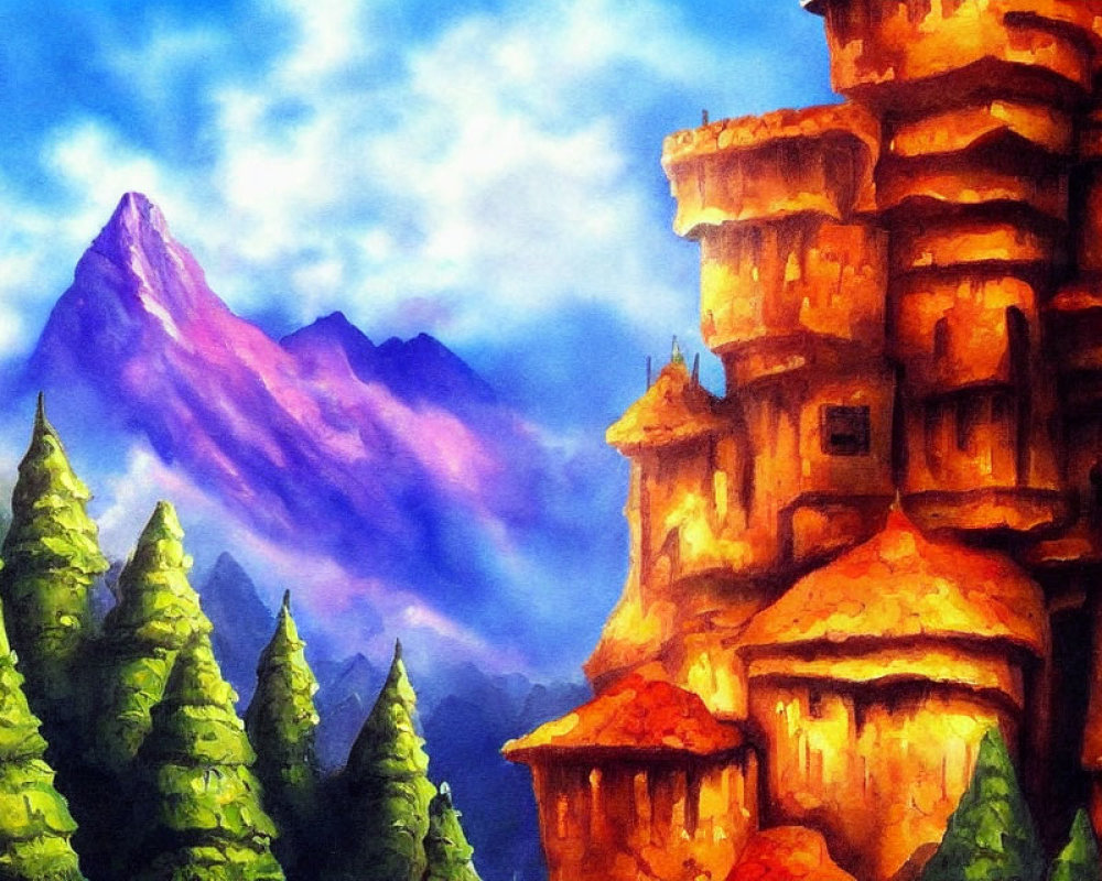 Colorful Watercolor Painting of Rustic Castle, Pine Trees, Mountains, and Sky