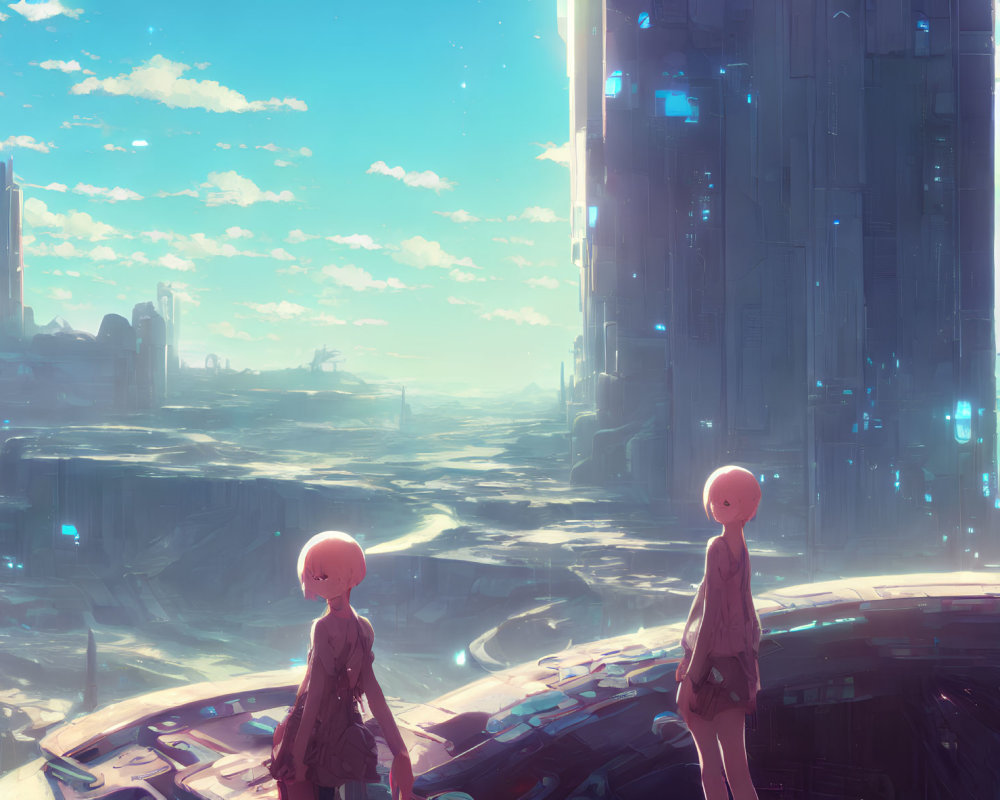 Futuristic cityscape with two individuals in soft sunlight