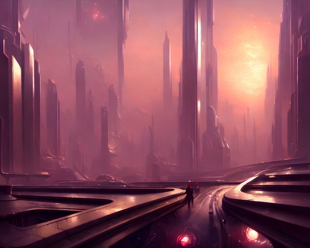 Futuristic cityscape with pink skyscrapers and lone figure