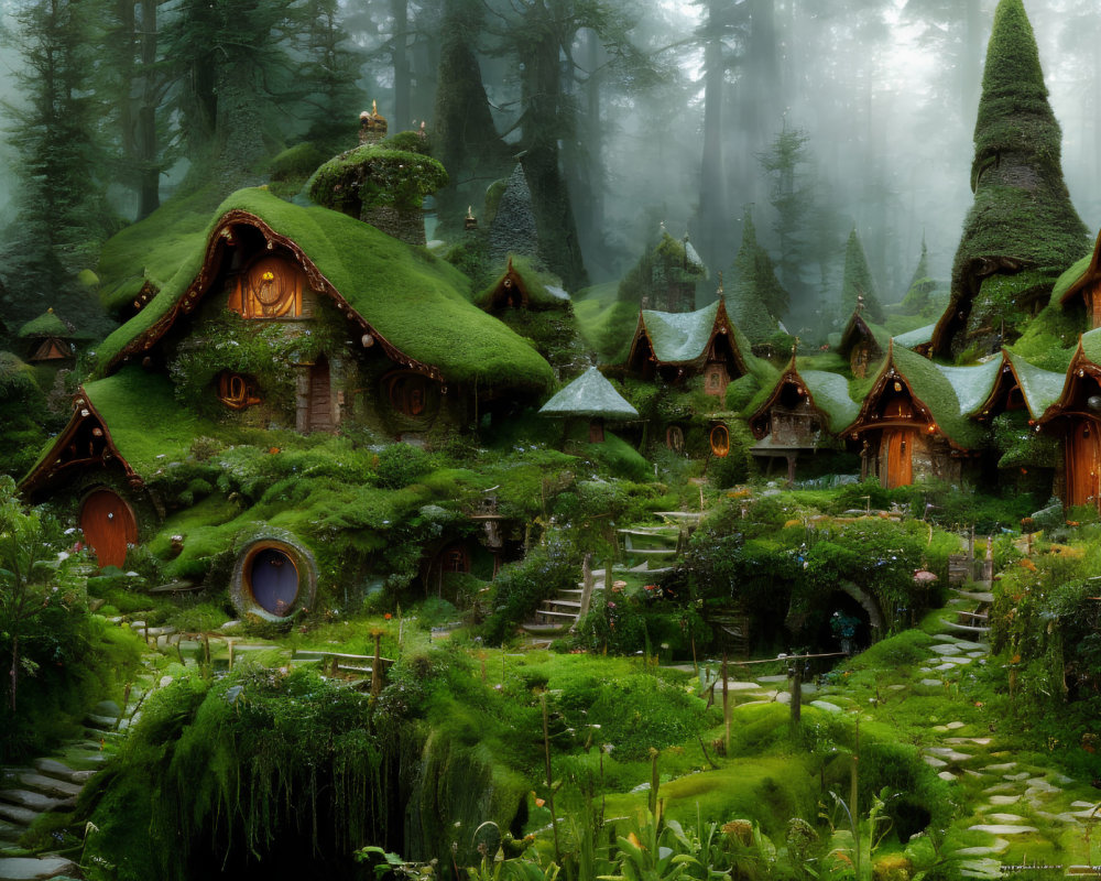 Moss-Covered Forest Village with Whimsical Houses and Stone Pathways