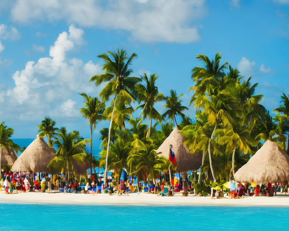 Tropical beach scene with thatched huts, coconut palms, and people enjoying sunny weather