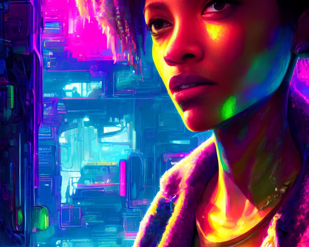 Contemplative woman in neon cyberpunk cityscape