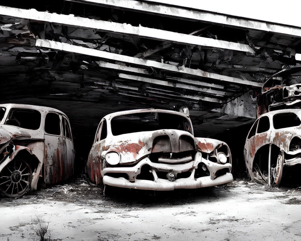 Rusting vintage cars under peeling paint in post-apocalyptic scene