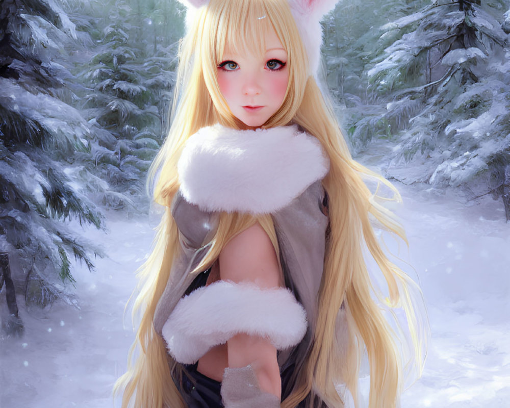 Blonde character with bunny ears in winter coat in snowy forest