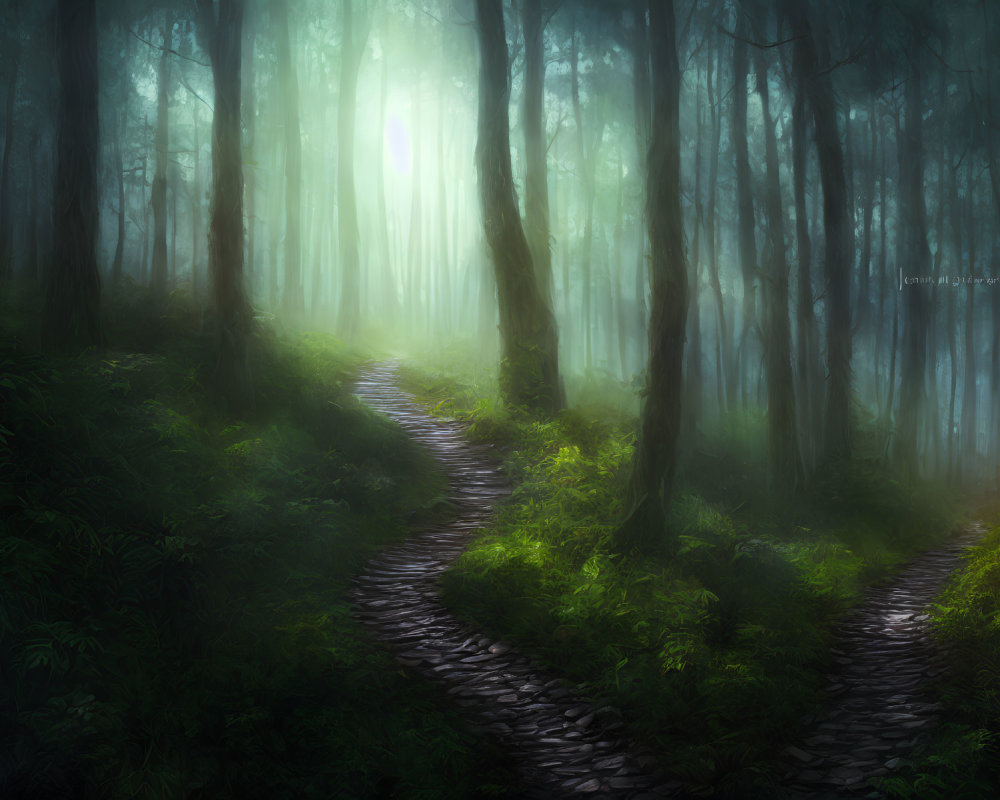 Misty sunlit forest with winding cobblestone path