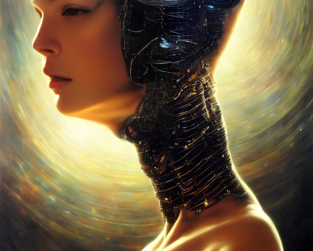 Bald Female Android with Mechanical Details in Cosmic Setting