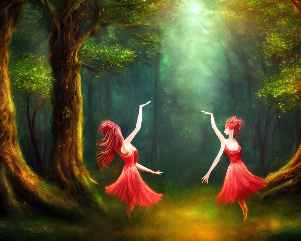 Ethereal figures in red dresses dancing in enchanted forest landscape