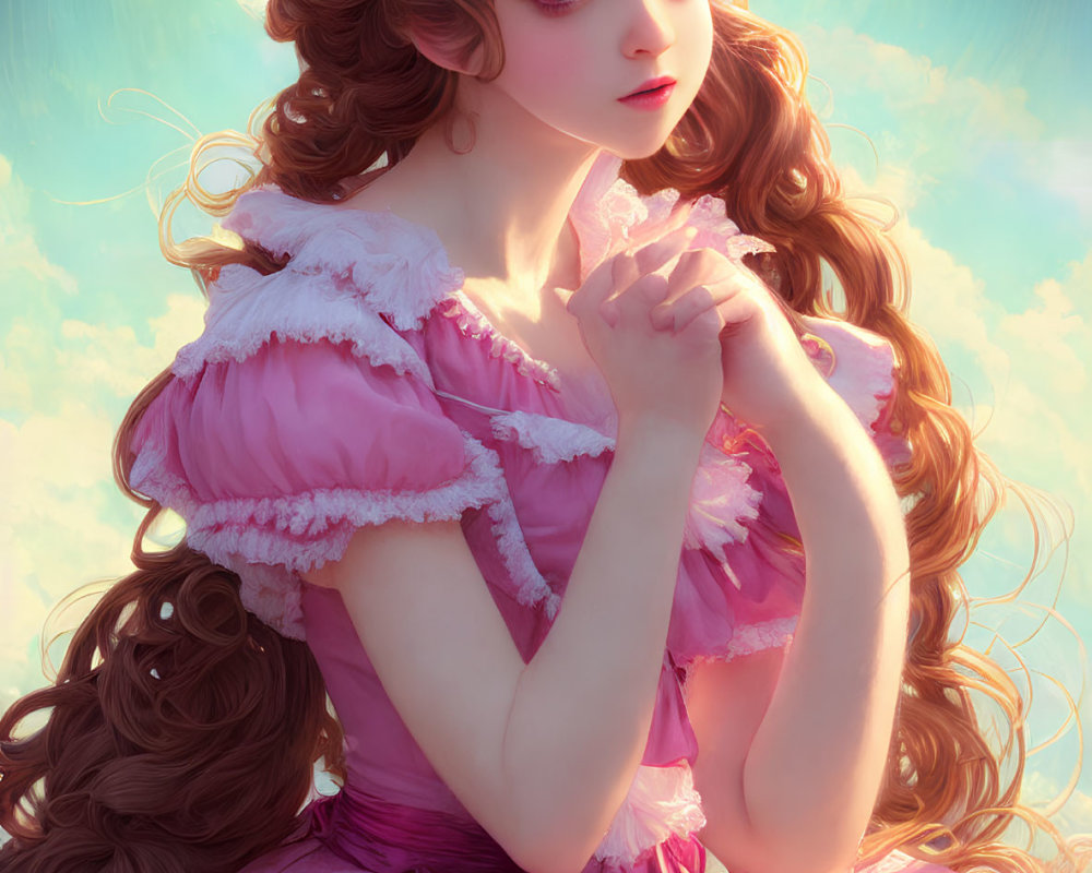 Illustrated woman in pink Victorian dress with halo and dreamlike background