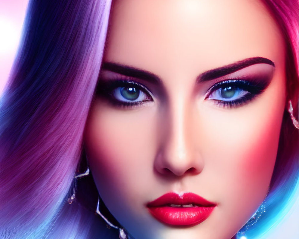 Portrait of woman with purple-pink hair, blue eyes, bold makeup, and earrings on colorful backdrop