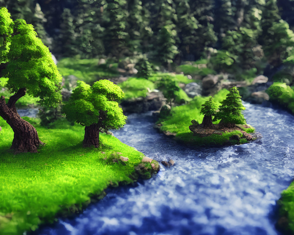 Vibrant green trees and flowing river in lush miniature landscape