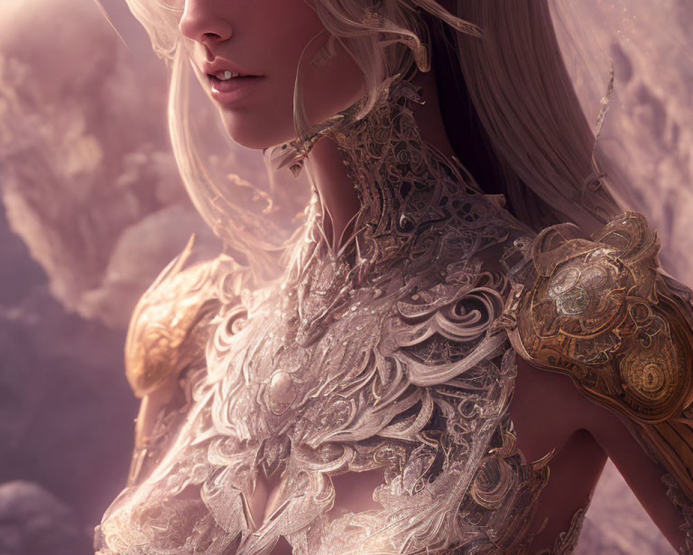 Fantasy female character in ornate golden armor against dreamy backdrop