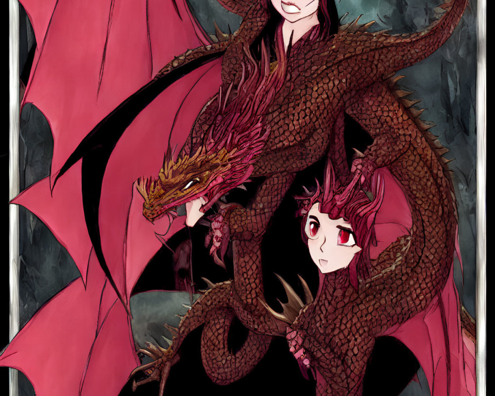 Illustration of person in dragon-themed outfit riding red dragon