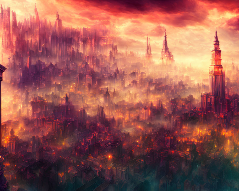 Majestic sunset cityscape with glowing spires and mystical fog