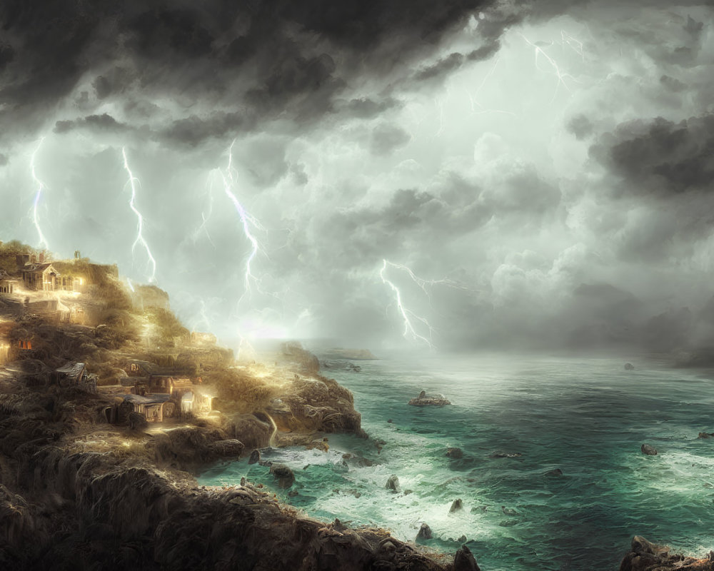 Stormy Night Coastal Scene: Lightning over Cliffside Village