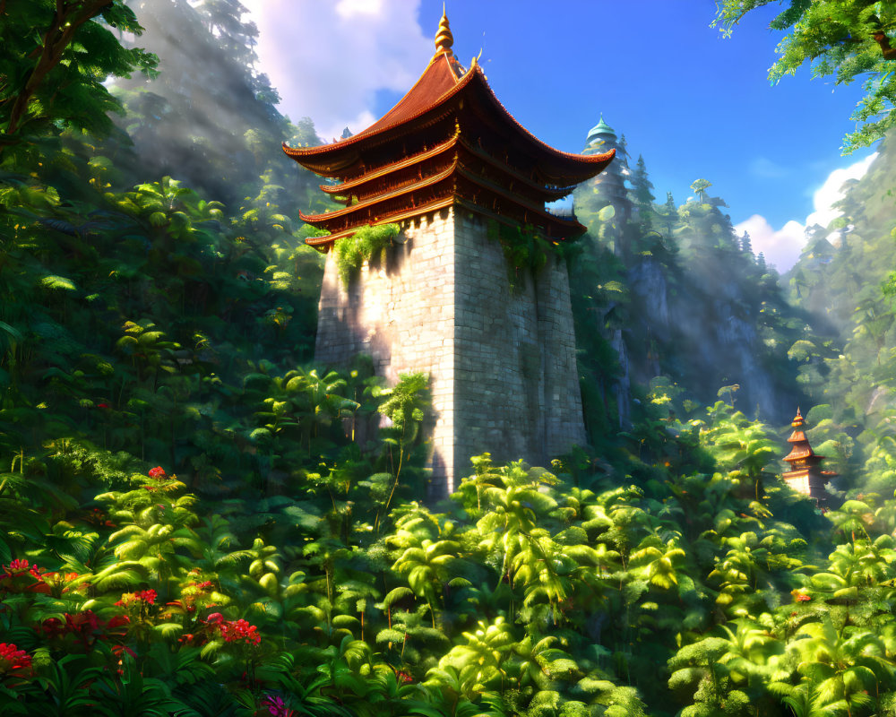 Ancient Pagoda in Sunlit Forest with Greenery and Mist