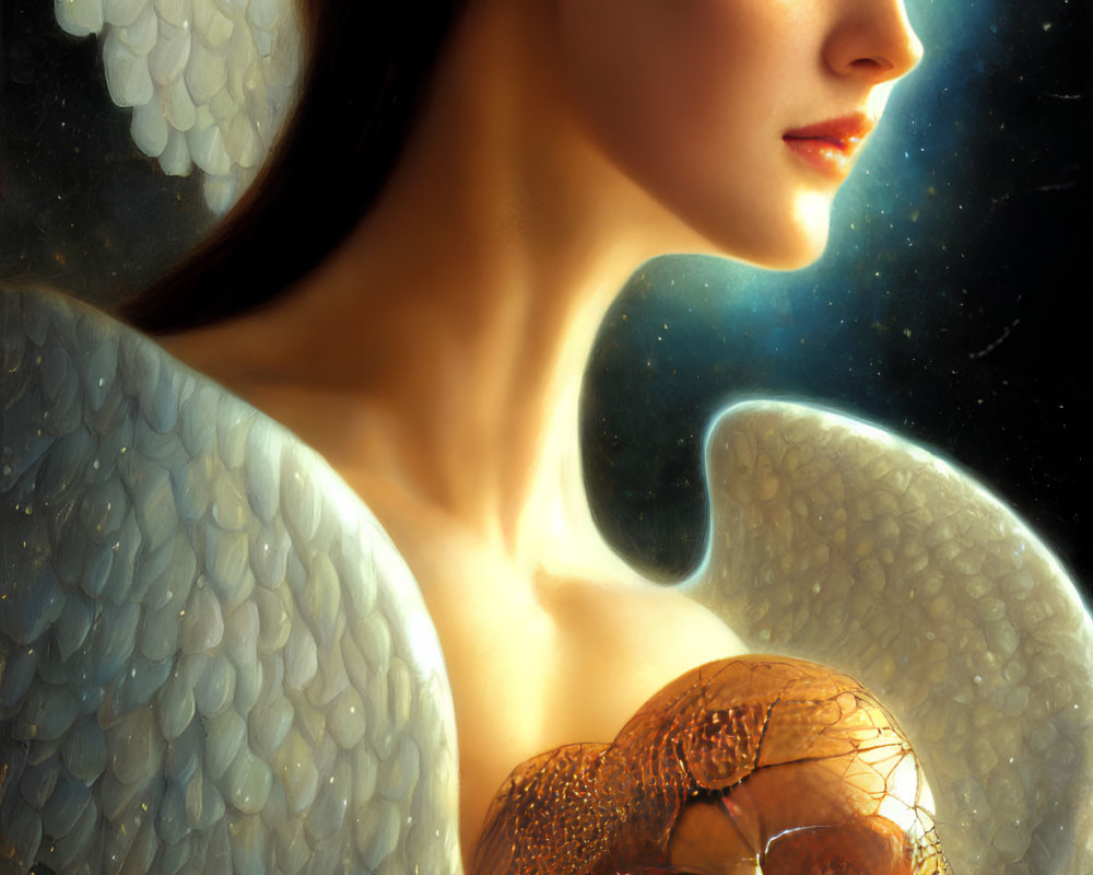 Woman with Angelic Wings Holding Ornate Mask in Celestial Setting