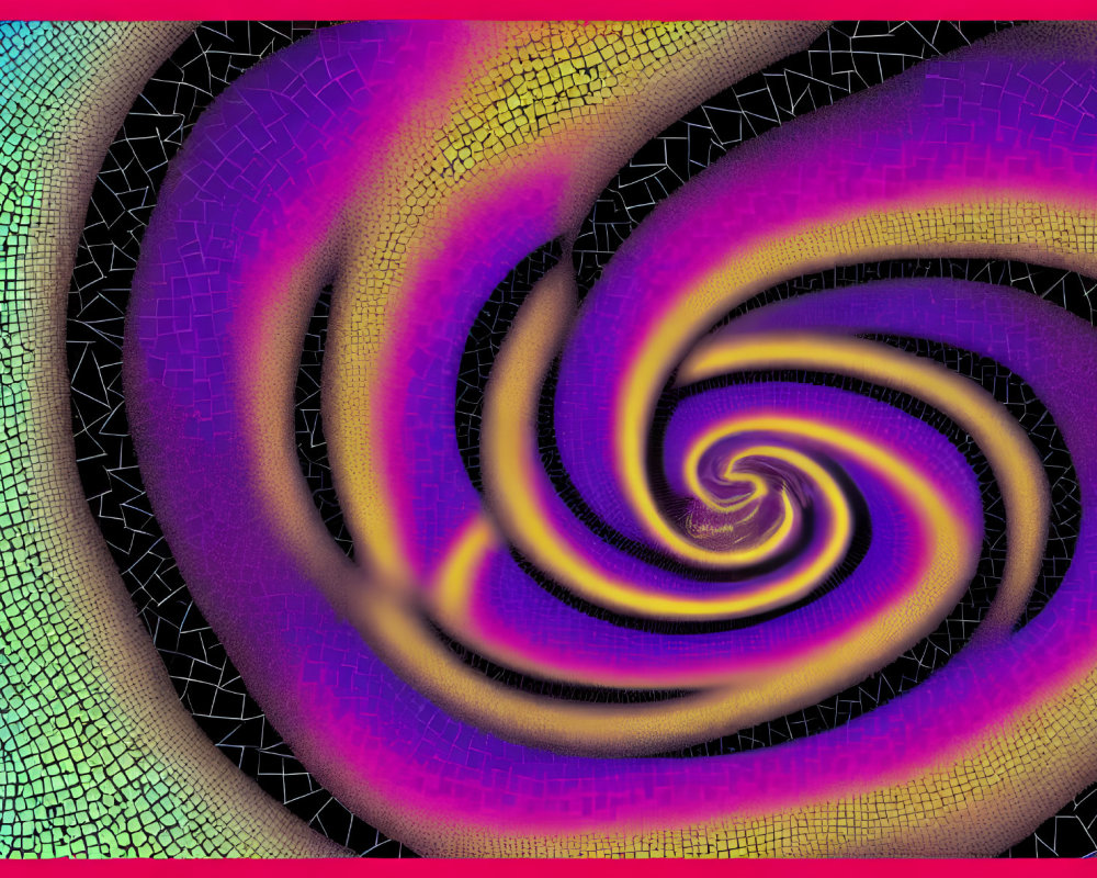 Vibrant abstract fractal spiral in blue and yellow on black background