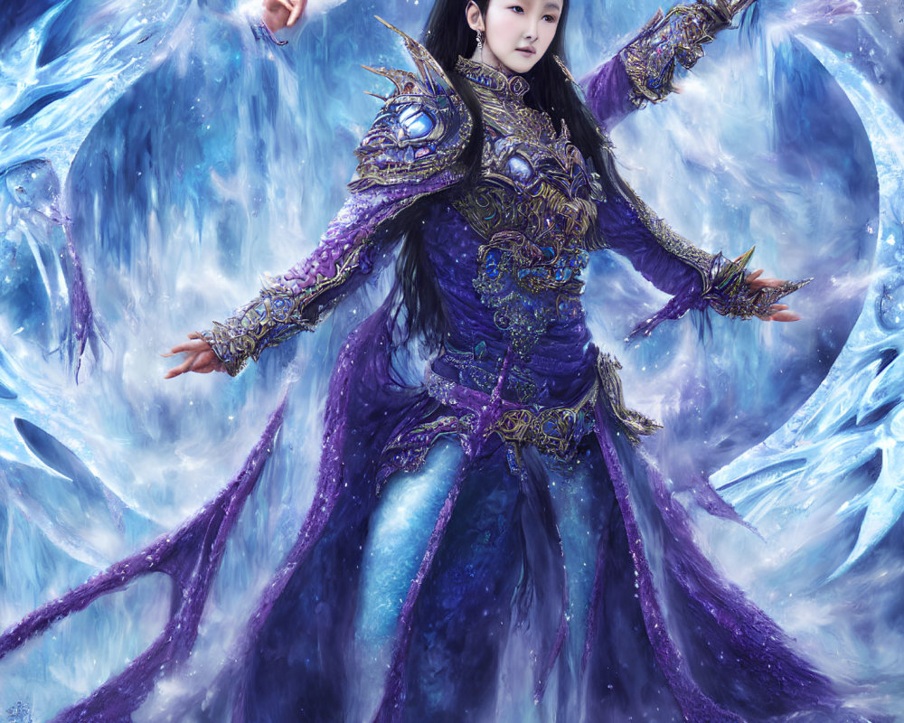 Woman in Purple Costume Poses Amid Swirling Ice Patterns