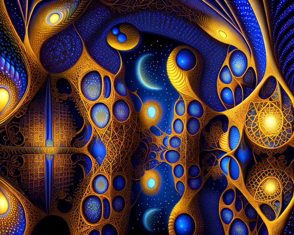 Intricate Blue and Gold Fractal Digital Artwork