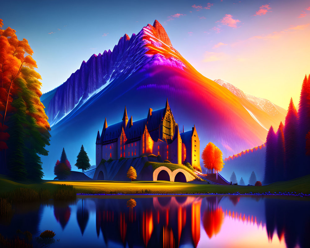 Digital Art: Castle by Mountain at Sunset with Lake Reflection