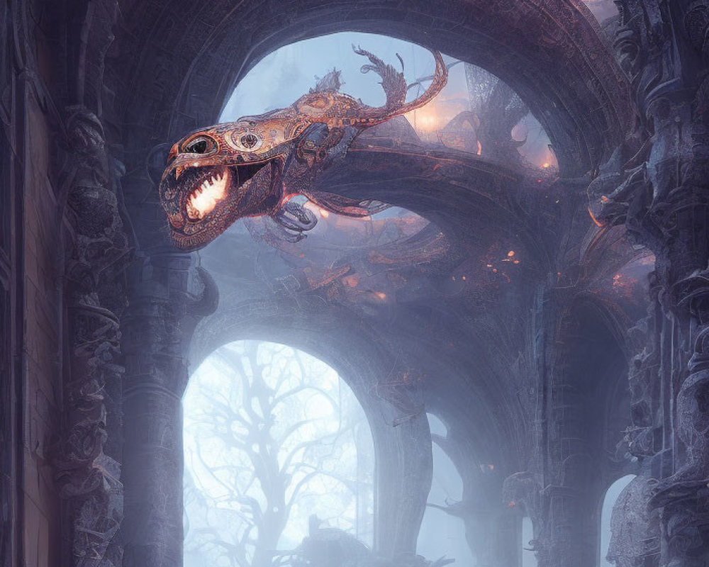 Fantastical beast in mist-filled gothic hallway with arched ceilings.