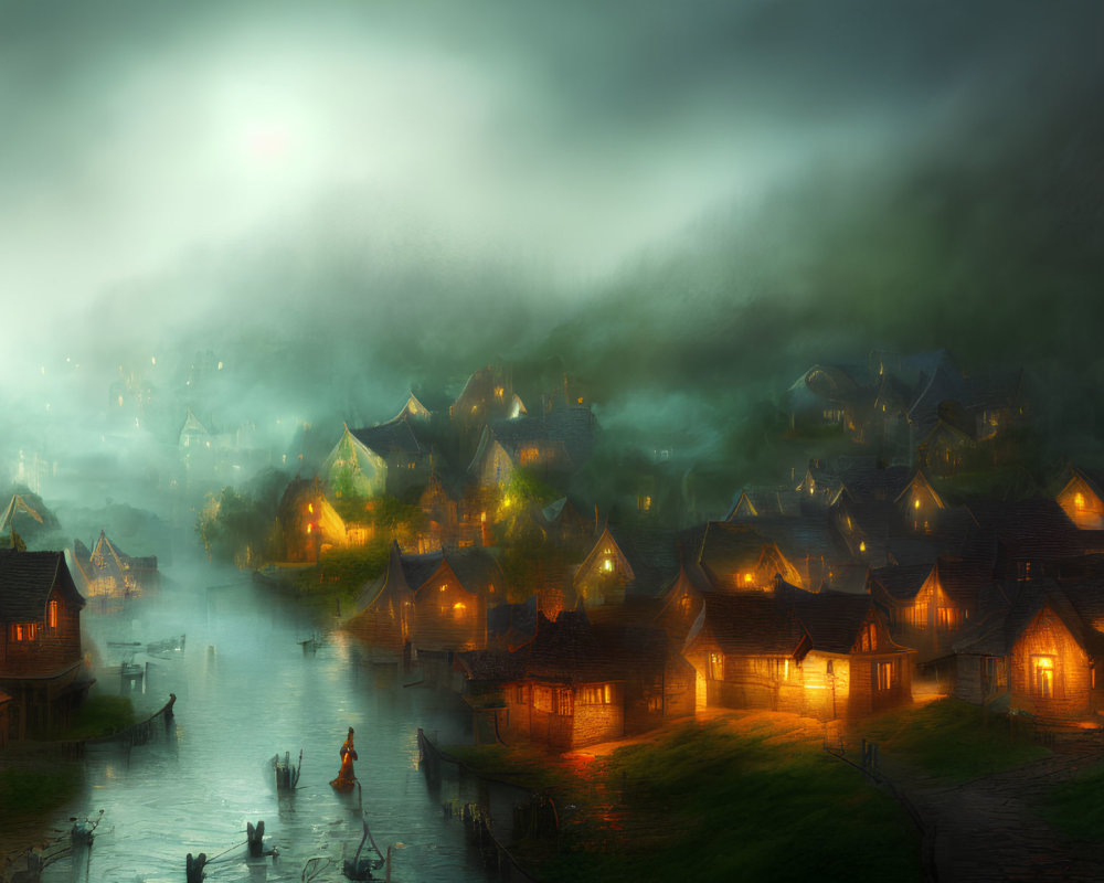 Ethereal village with traditional houses by misty river