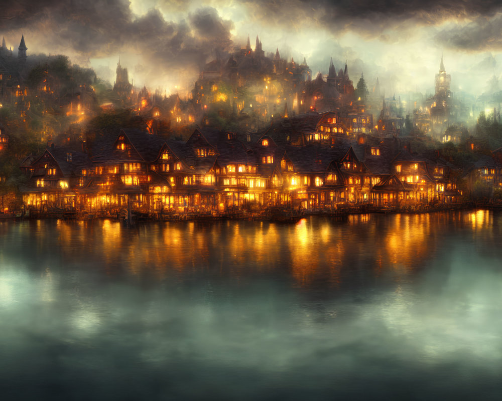 Tranquil lakeside town at twilight with warm golden lights