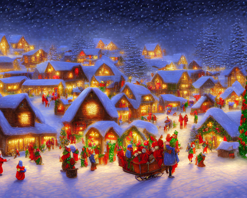 Festive Animated Christmas Village with Snow-Covered Cottages