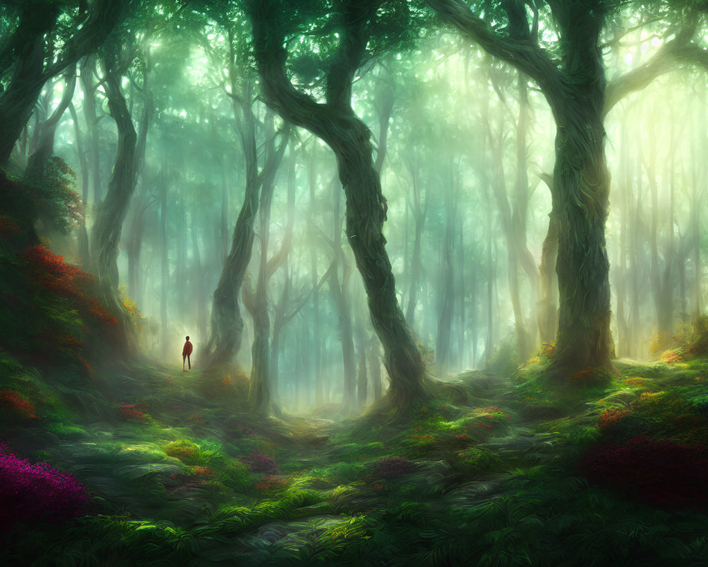 Mystical forest scene with vibrant green hues and colorful flowers