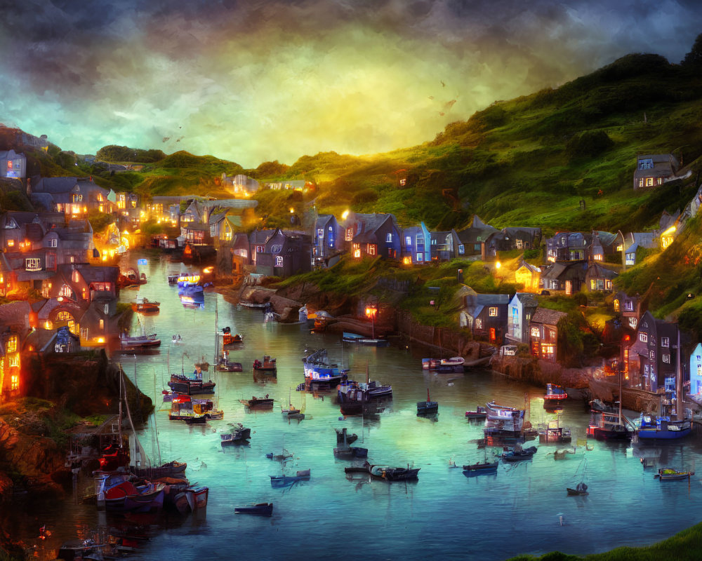 Vivid high-saturation coastal village at dusk with lit buildings and boats on calm waters