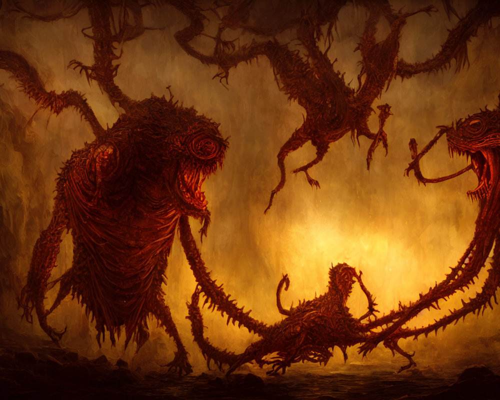 Fantastical scene with menacing creatures and fiery backdrop.