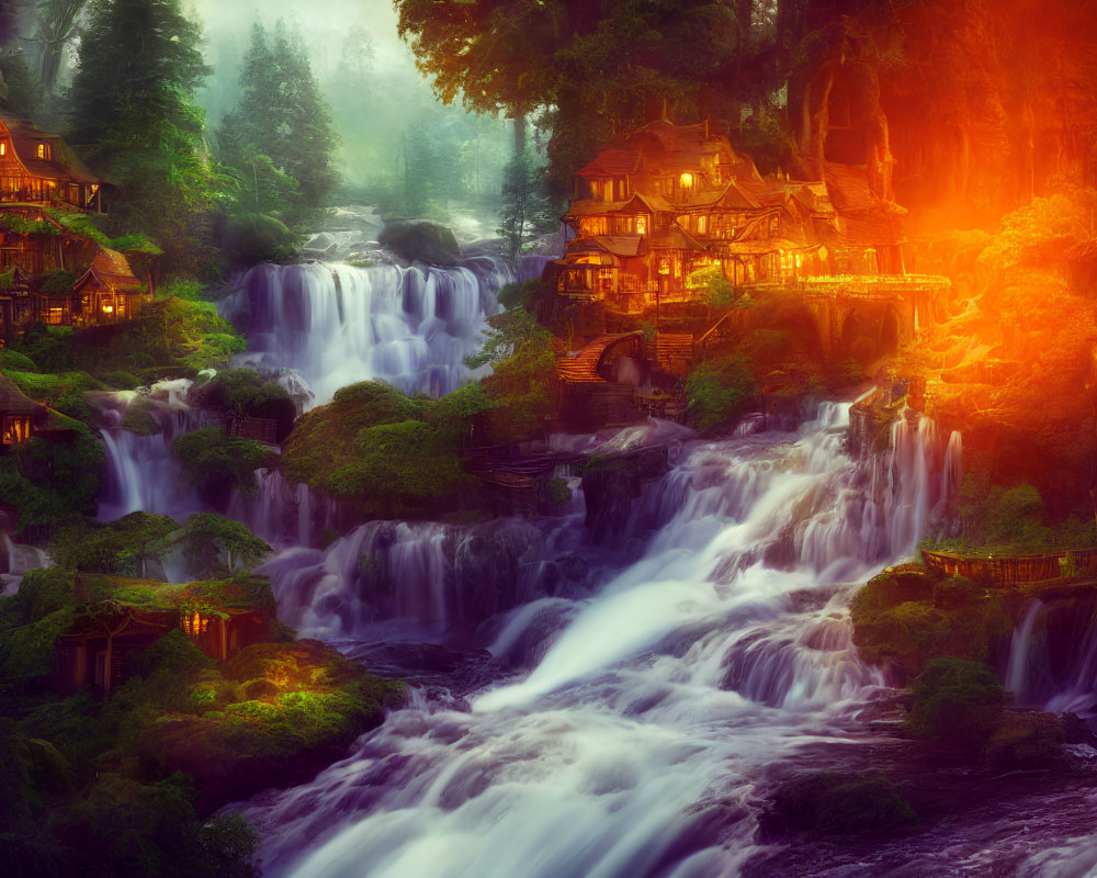 Rustic houses in mystical village by cascading waterfalls