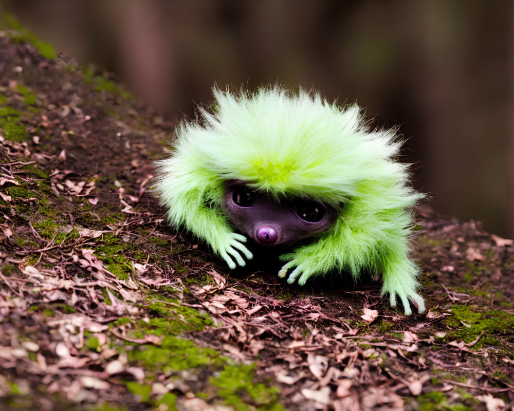 Fluffy neon green toy with big eyes in forest setting