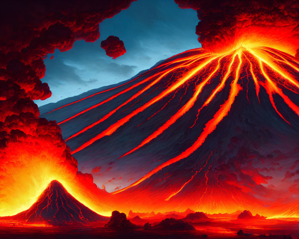 Erupting volcano with molten lava flows under fiery sky