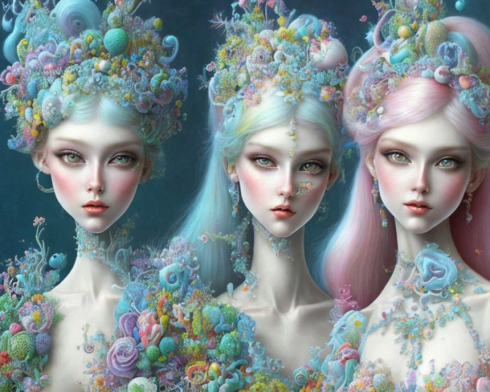 Three fantasy figures with colorful coral-like headpieces and delicate features on dark background