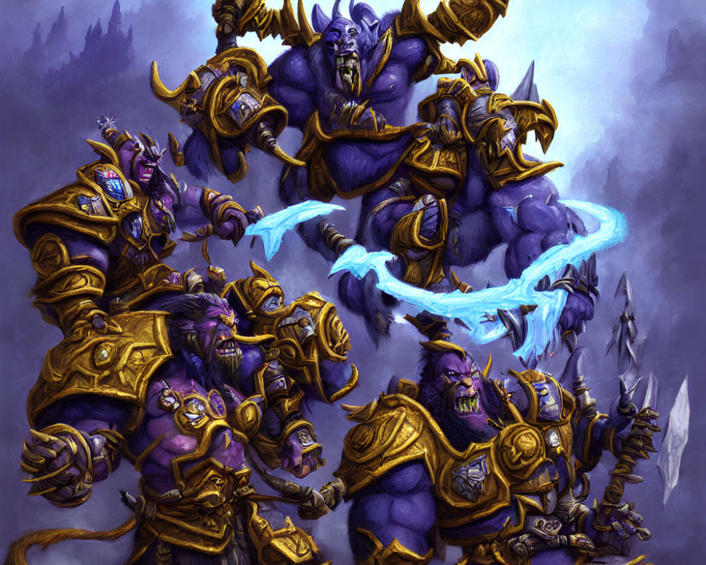 Armored fantasy characters with horns and weapons in purple misty setting