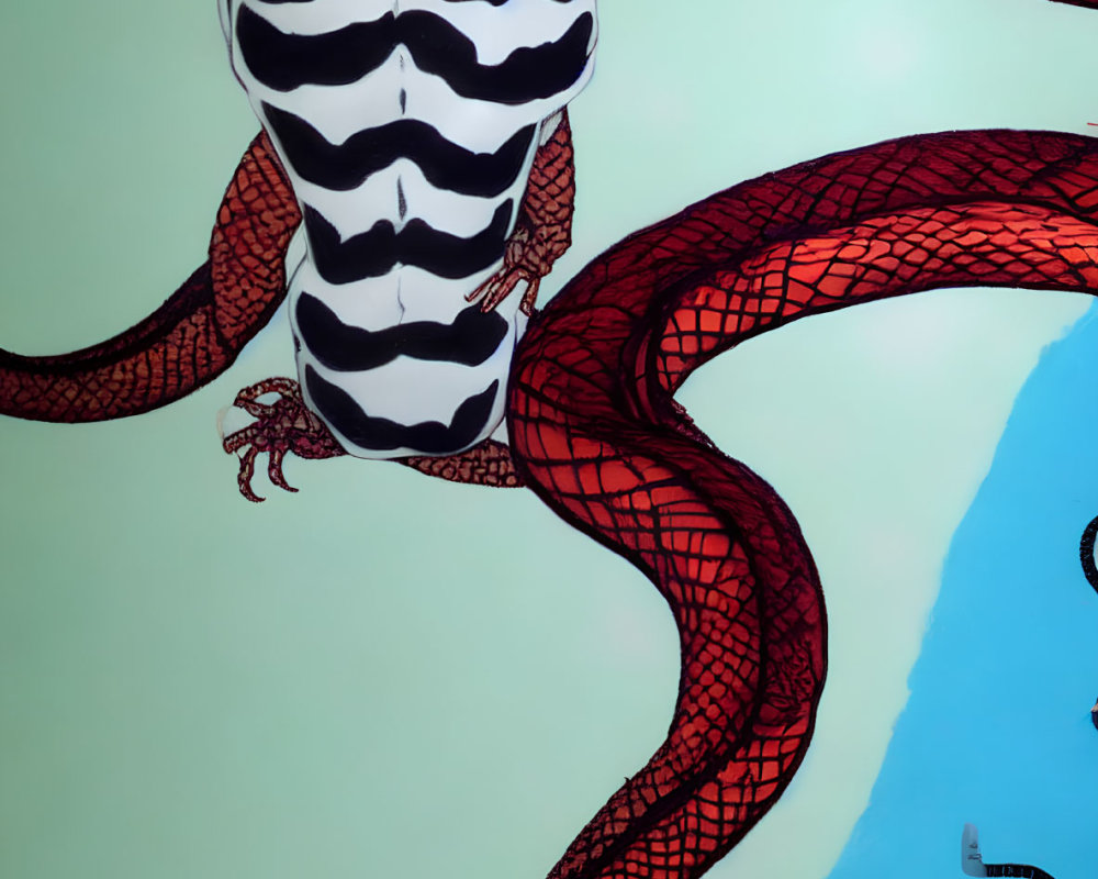 Stylized red snake with black pattern and skull-like head intertwined with blue serpent on gradient background