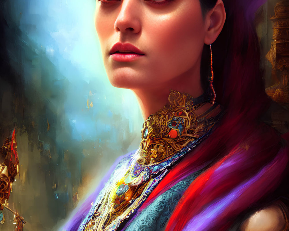 Regal woman in jewel-encrusted crown and colorful garments